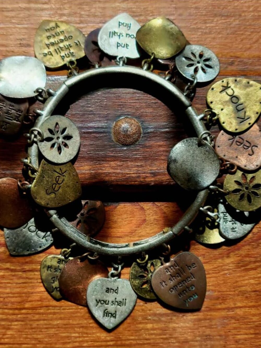 VTG Charm Bracelet Multiple Heart-Shaped Pendants Engraved Faith Based Phrases